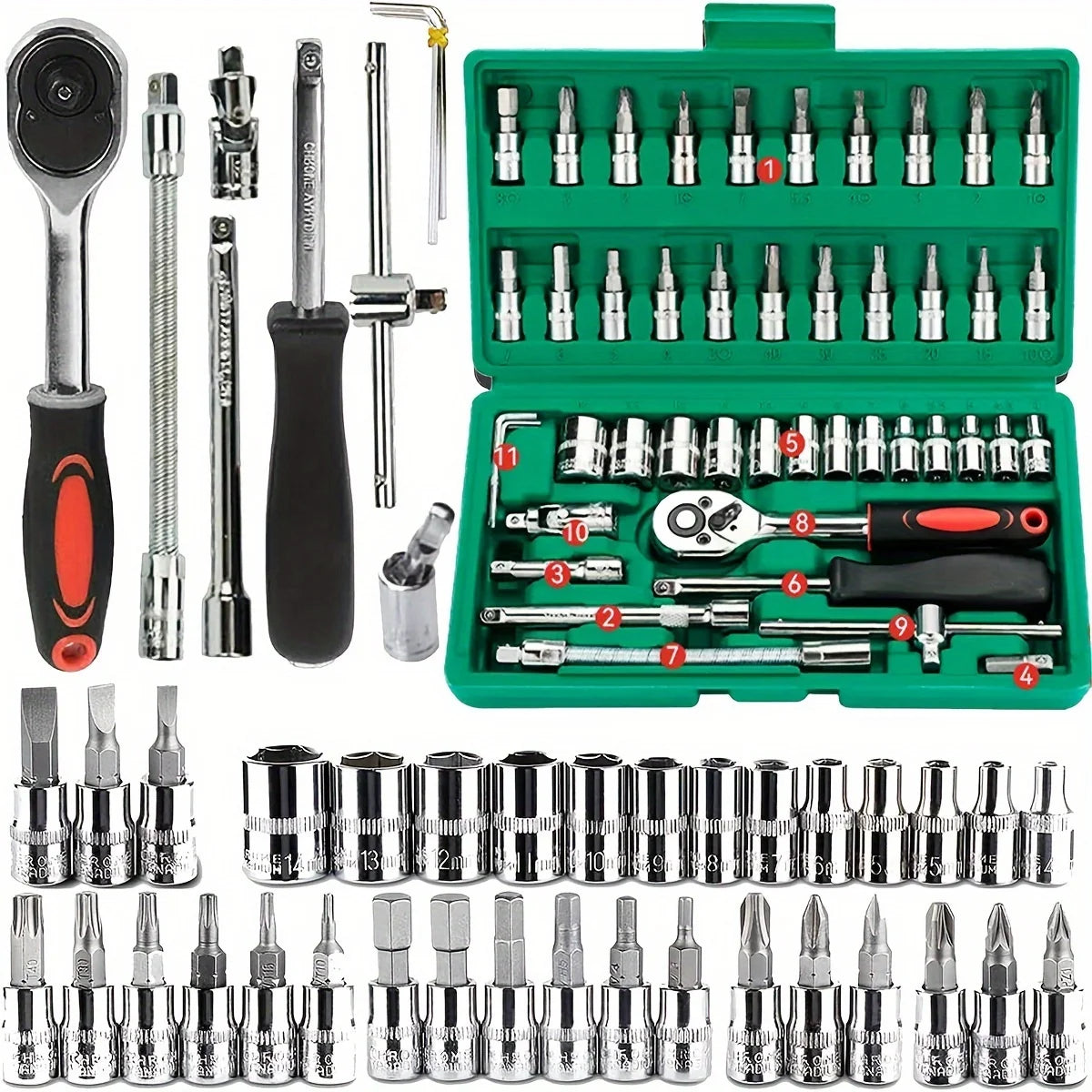 Jeu de Douilles d'Entraînement 46 Pièces avec Clé à Cliquet 1/4 et Embouts Hexagonaux Métriques – Outils de Bricolage et Mécanique