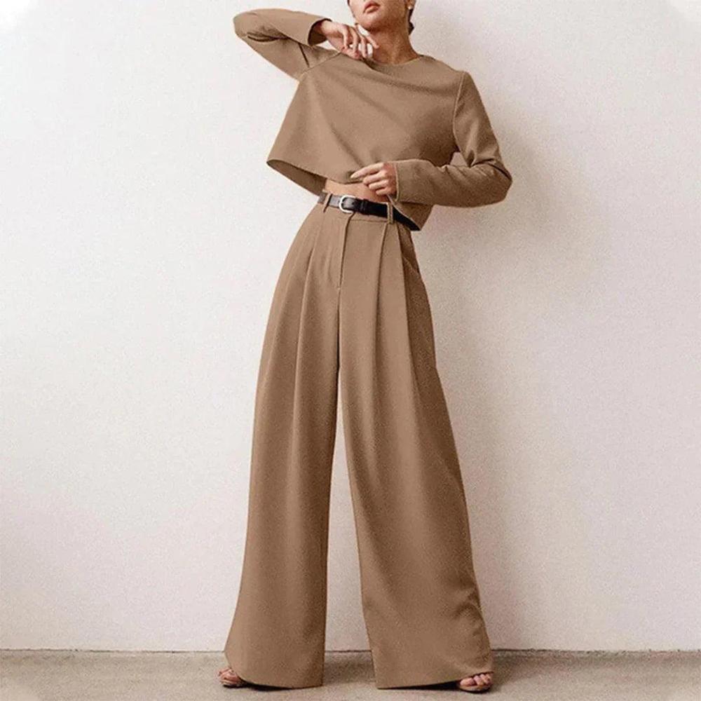 Ensemble Tailleur Femme Chic à Jambes Larges – Haut Court et Pantalon Taille Haute en Polyester