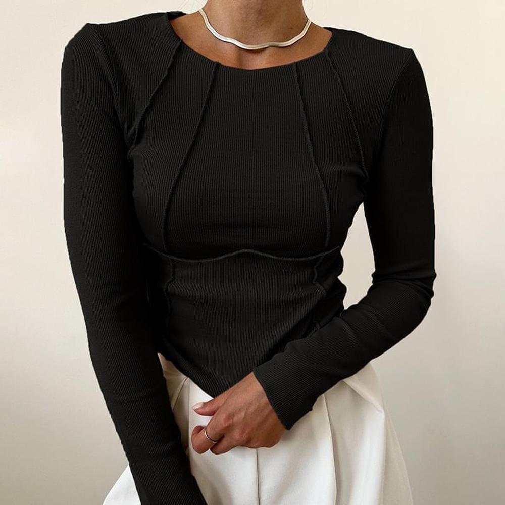 Haut Femme Chic Côtelé Sculpté à Manches Longues – Élégant et Moderne, Idéal pour Bureau ou Sortie