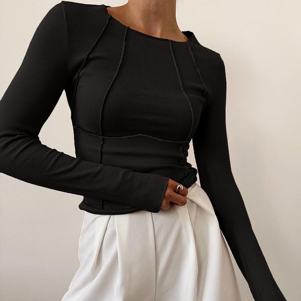 Haut Femme Chic Côtelé Sculpté à Manches Longues – Élégant et Moderne, Idéal pour Bureau ou Sortie