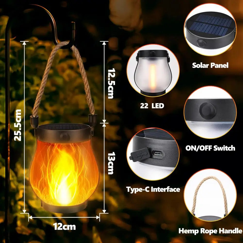 Lanterne Solaire Extérieur avec Effet Flamme Vacillante – Étanche, Chargement Solaire et USB, Idéale pour Jardin et Patio