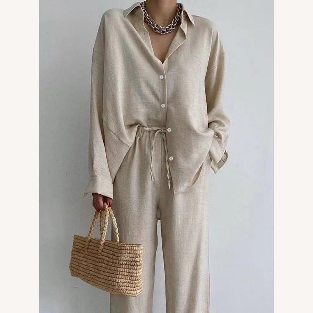 Women's Beige Linen Suit Set with Loose Shirt and High-Waisted Pants - Chic and Casual