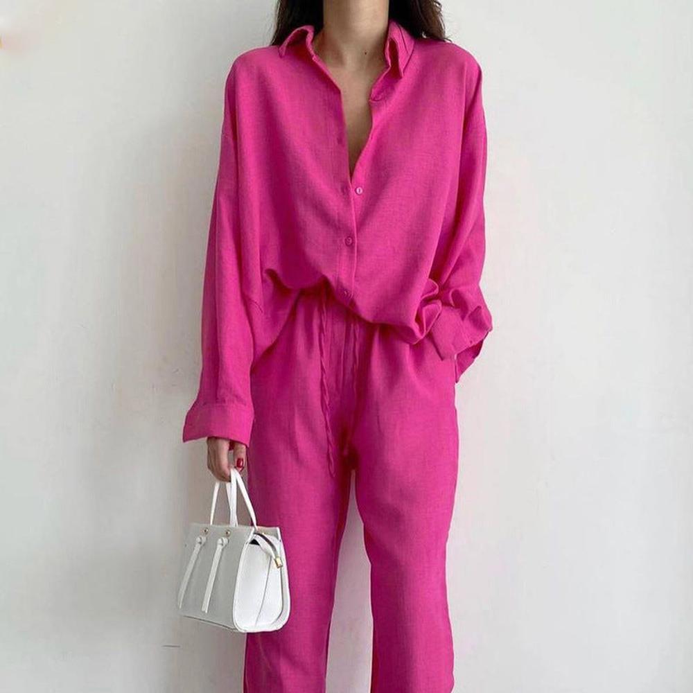 Ensemble Tailleur Femme en Lin Beige, Chemise Ample et Pantalon Taille Haute, Chic et Décontracté