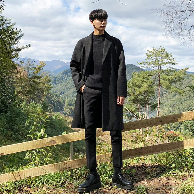 Manteau Mi-Long en Laine Épais pour Homme avec Col Costume – Isolation Optimale pour Automne et Hiver