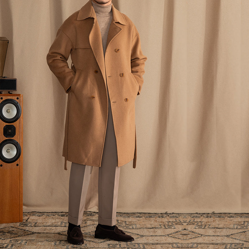 Mid-Length Wool Coat for Men with Dropped Shoulders – Modern Elegance for Winter