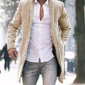 Midsize Men's Coat in Polyester with Stand-up Collar and Checkered Design