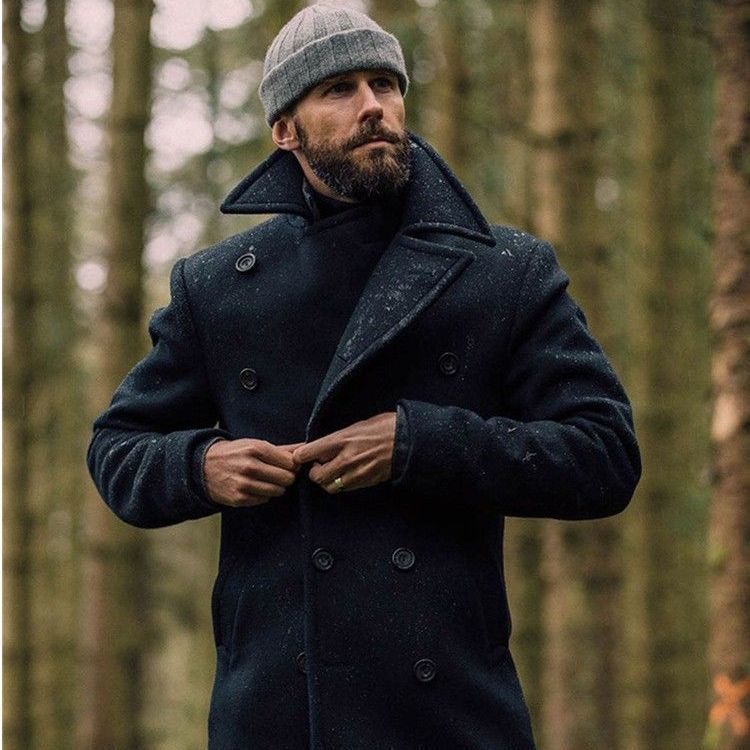 Manteau en Laine Mi-Long pour Hommes avec Double Boutonnage et Revers Cranté
