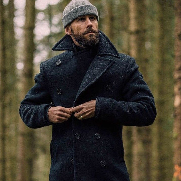 Manteau en Laine Mi-Long pour Hommes avec Double Boutonnage et Revers Cranté