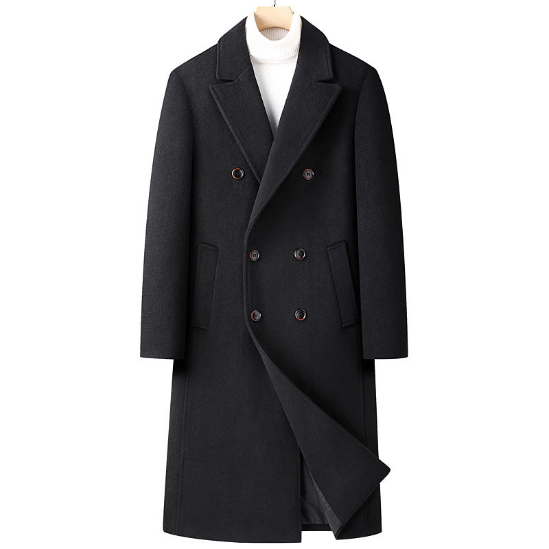Manteau en Laine au-dessus du Genou avec Double Boutonnage – Élégance Automne Hiver, Silhouette Ajustée et Poches Latérales