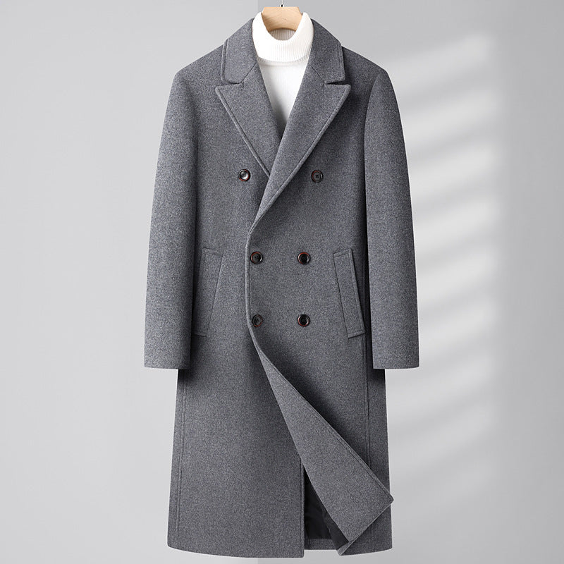 Manteau en Laine au-dessus du Genou avec Double Boutonnage – Élégance Automne Hiver, Silhouette Ajustée et Poches Latérales