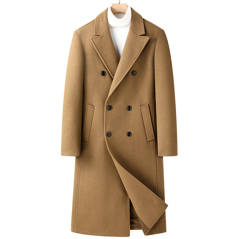 Manteau en Laine au-dessus du Genou avec Double Boutonnage – Élégance Automne Hiver, Silhouette Ajustée et Poches Latérales