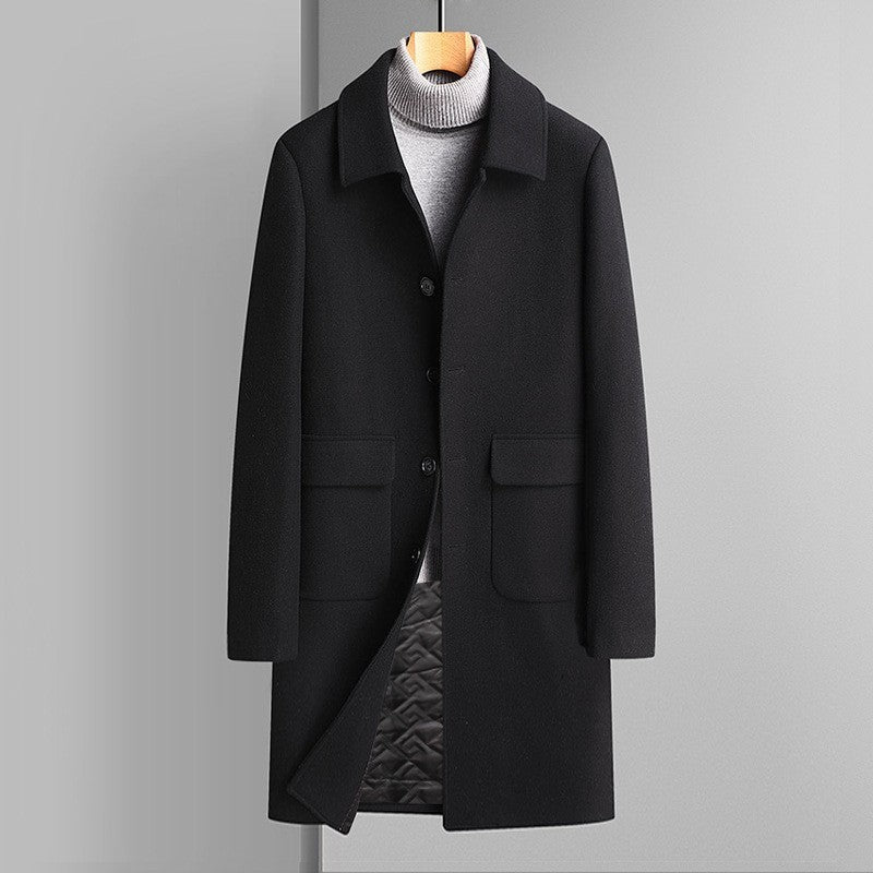 Manteau en Laine pour Hommes avec Revers Cranté et Poches – Coupe Ajustée Mi-Longue