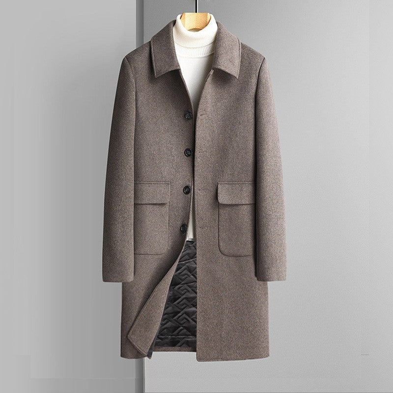 Manteau en Laine pour Hommes avec Revers Cranté et Poches – Coupe Ajustée Mi-Longue