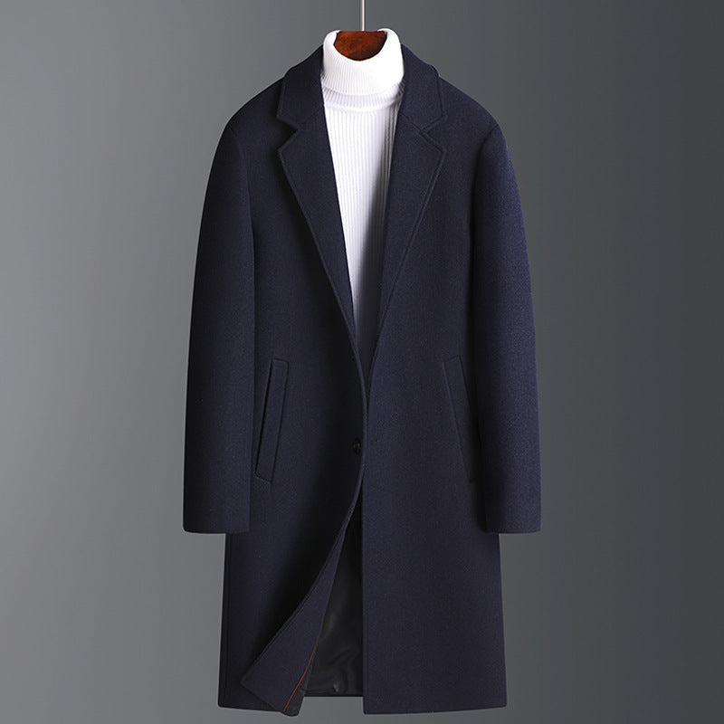 Manteau en Laine pour Hommes avec Revers Cranté et Poches – Coupe Ajustée Mi-Longue