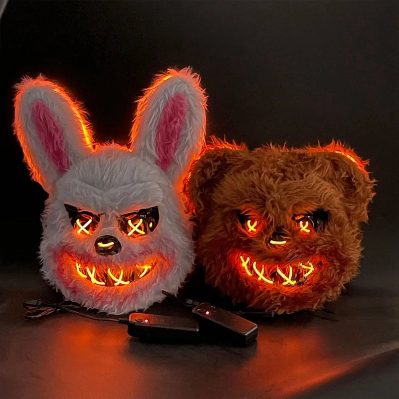 Masque LED Halloween en Fausse Fourrure de Lapin et Ours – Costume Cosplay Effrayant