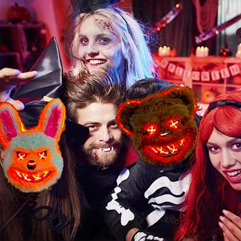 Masque LED Halloween en Fausse Fourrure de Lapin et Ours – Costume Cosplay Effrayant