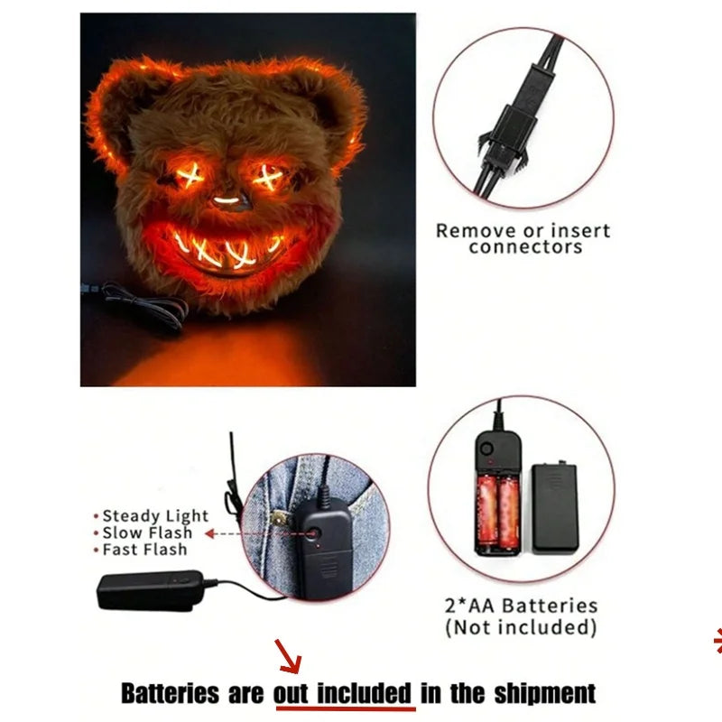 Masque LED Halloween en Fausse Fourrure de Lapin et Ours – Costume Cosplay Effrayant