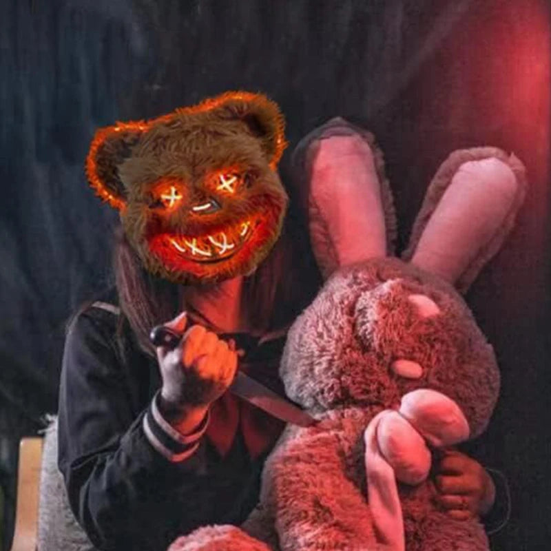 Masque LED Halloween en Fausse Fourrure de Lapin et Ours – Costume Cosplay Effrayant
