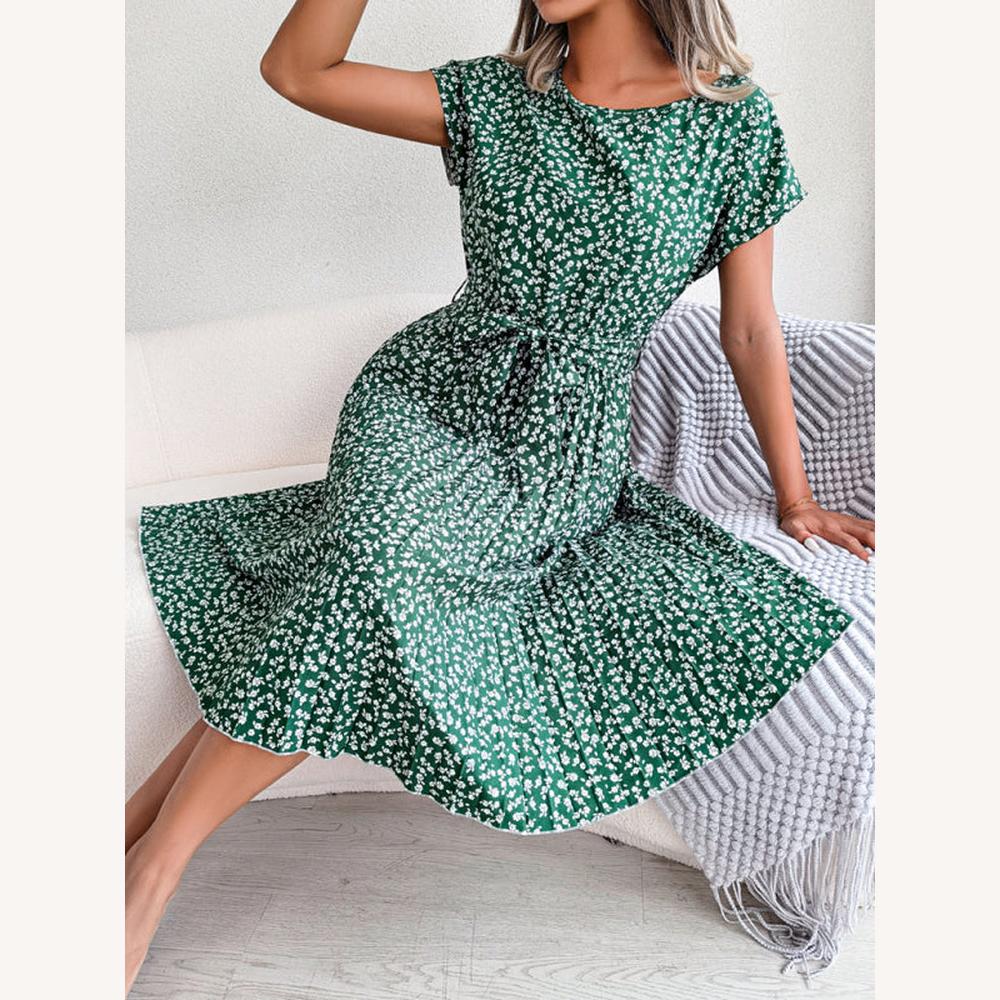 Robe Femme Midi Trapèze Imprimée Floral avec Ceinture à Nouer – Élégante et Confortable