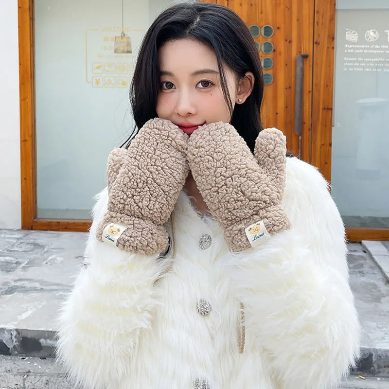Mitaines en Peluche Sherpa Femme – Confort et Chaleur en Hiver, Taille Unique, Moufle Décontractée avec Cordon de Serrage 2