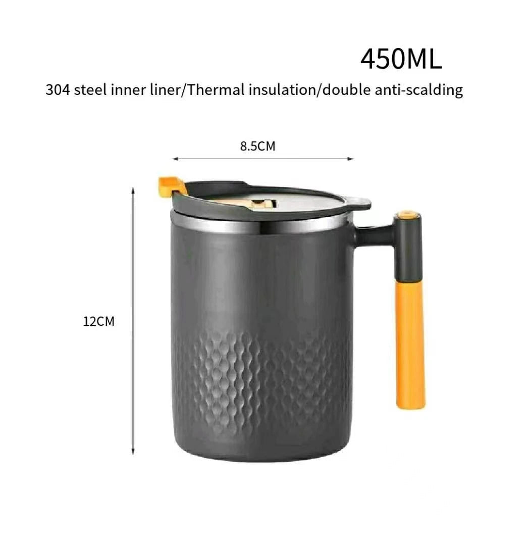 Mug à café portable en acier inoxydable 450ml avec poignée et couvercle – Design étanche pour boissons chaudes ou froides