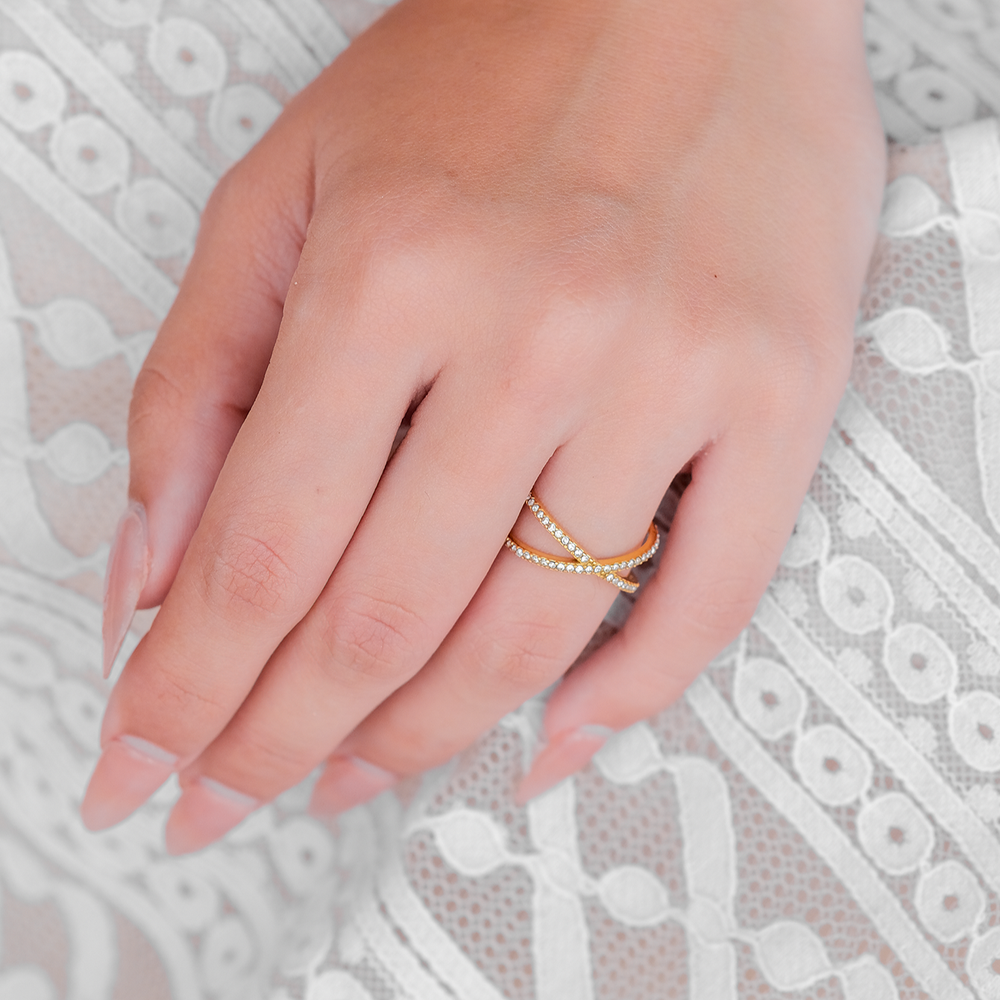 Bague en Or Femme Croisée Simulants de Diamant Taille Unique