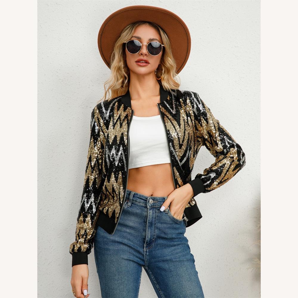 Women's Bomber Jacket with Metallic Sequins and Zipper Closure – Glamorous and Trendy Jacket