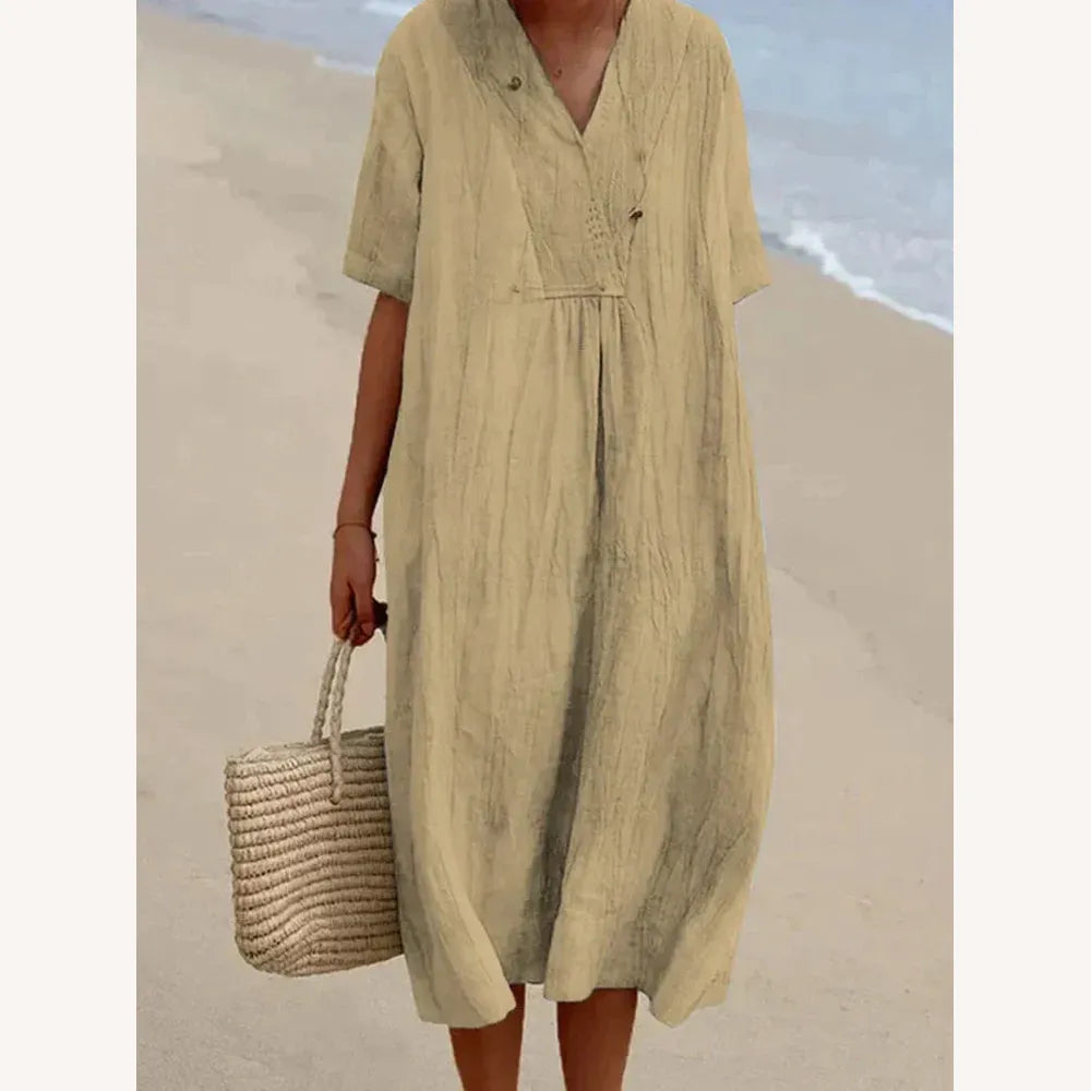 Women's Long Summer Dress in Linen and Cotton - Casual Chic Elegance for Summer Days