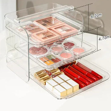 Organisateur de maquillage transparent à 3 couches – Boîte de rangement PET durable et multifonctionnelle pour cosmétiques et bijoux