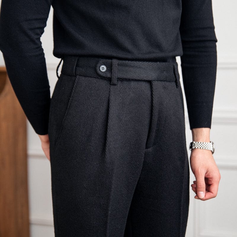 Pantalon Femme en Laine à Motif Chevron Noir avec Fermeture à Bouton et Coupe Droite