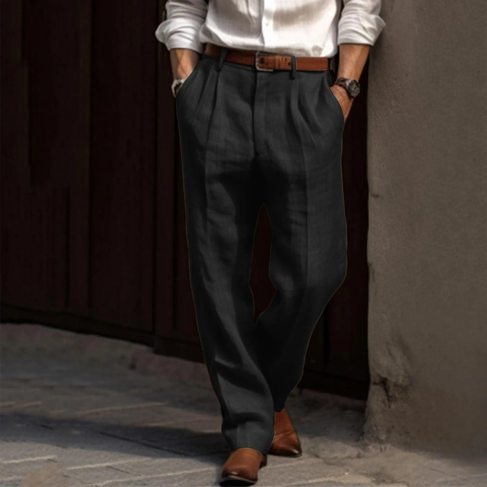 Pants Pleated Cotton and Linen for Men – Straight Leg Office Pants