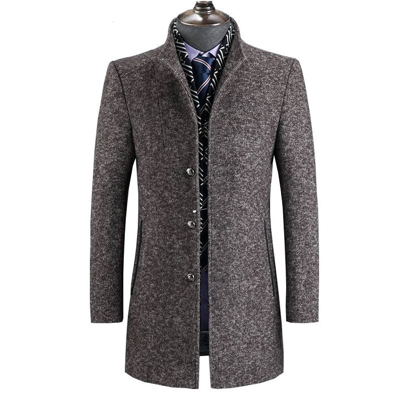 Pardessus Insulated Wool Coat for Men with Stand Collar and Pockets – Mid-Thigh Slim Fit, Warm and Stylish