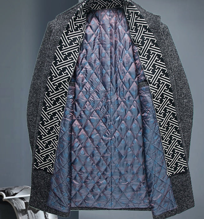 Pardessus Insulated Wool Coat for Men with Stand Collar and Pockets – Mid-Thigh Slim Fit, Warm and Stylish