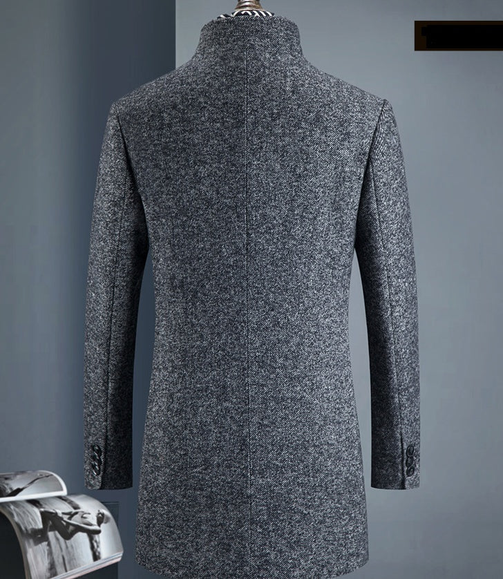 Pardessus Insulated Wool Coat for Men with Stand Collar and Pockets – Mid-Thigh Slim Fit, Warm and Stylish