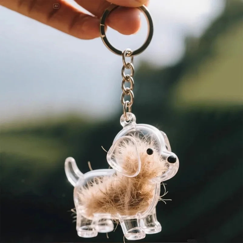 Pendentif en Résine Transparent avec Poils de Chien – Porte-clés et Charme de Sac Élégant et Compact