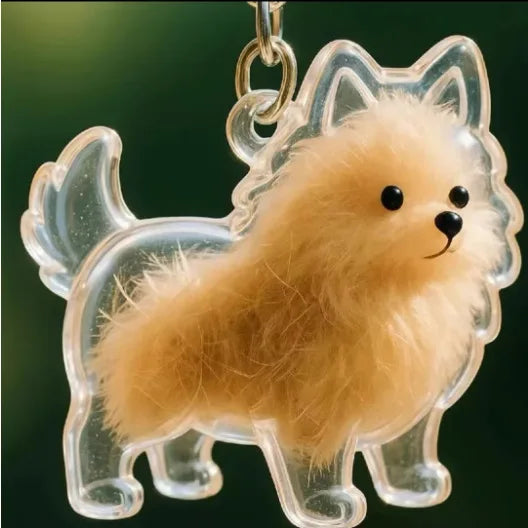 Pendentif en Résine Transparent avec Poils de Chien – Porte-clés et Charme de Sac Élégant et Compact