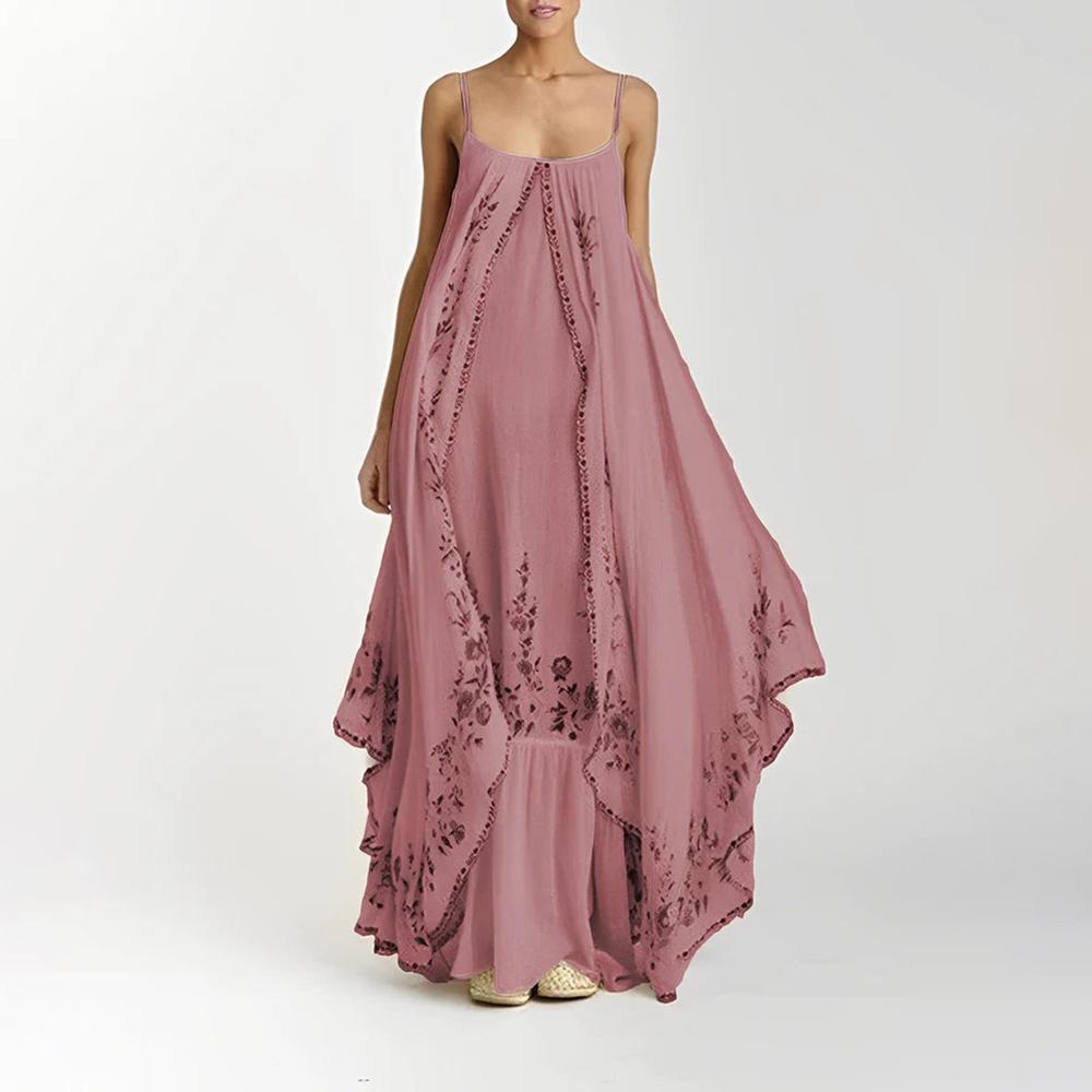 Elegant Long Women's Dress with Ruffles – Bohemian Floral Maxi Summer Dress, Fluid and Airy Fabric