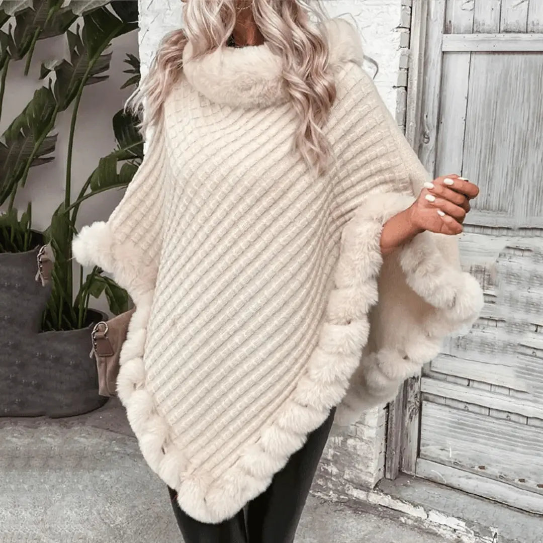 Poncho en Acrylique Doux avec Col Bénitier et Bordure en Fausse Fourrure – Taille Unique 0