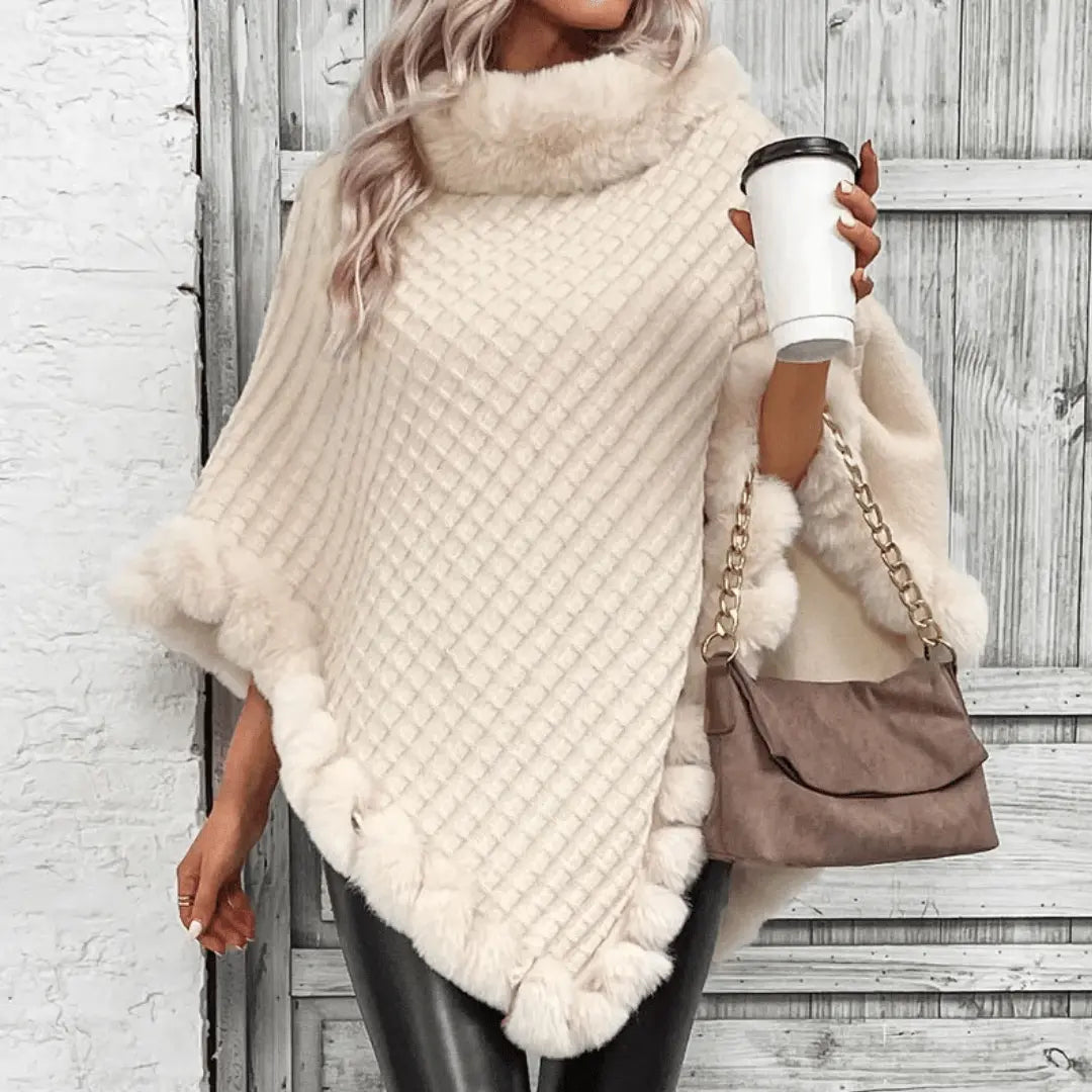 Poncho en Acrylique Doux avec Col Bénitier et Bordure en Fausse Fourrure – Taille Unique 2