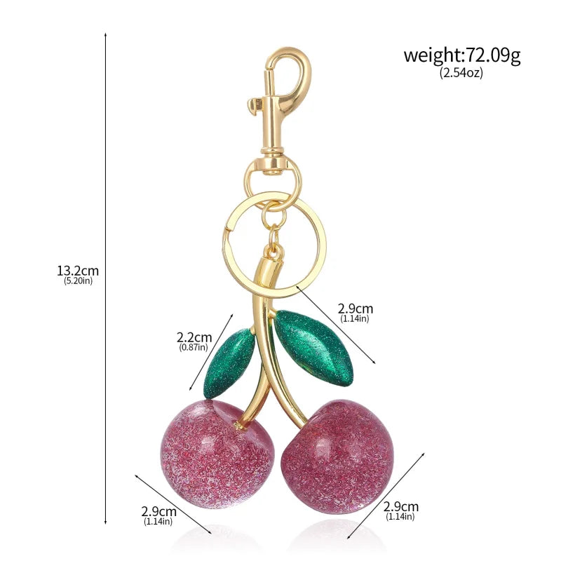 Porte-Clés Cerise Rouge avec Fermoir de Homard et Feuille d'Or – Accessoire Élégant pour Sacs et Clés