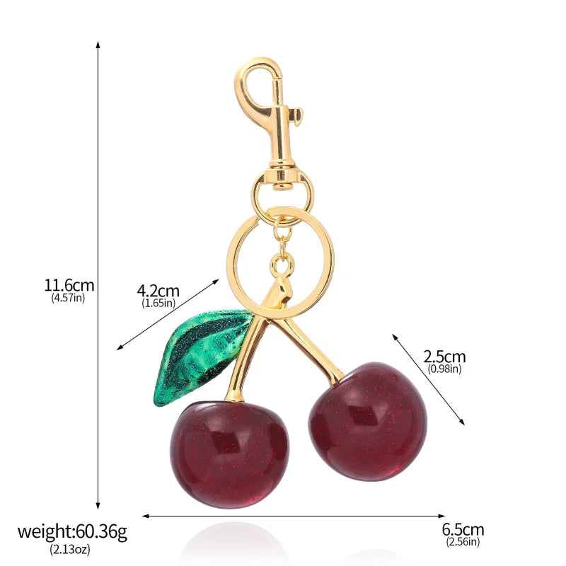 Porte-Clés Cerise Rouge avec Fermoir de Homard et Feuille d'Or – Accessoire Élégant pour Sacs et Clés