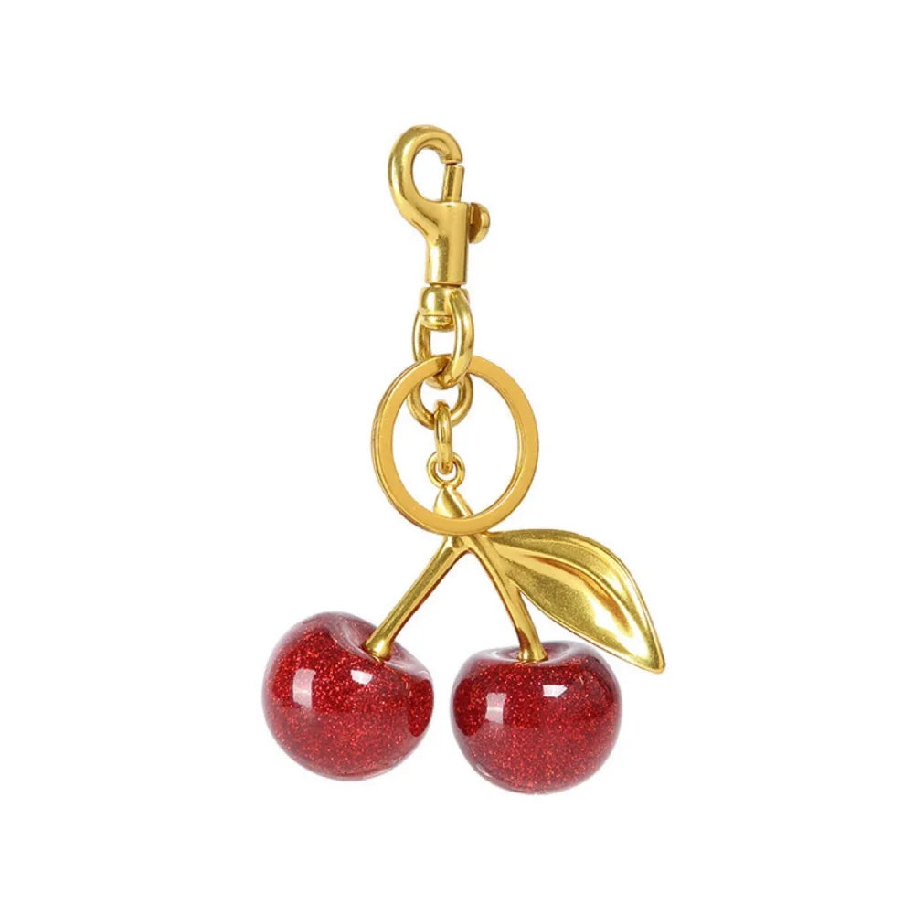 Porte-Clés Cerise Rouge avec Fermoir de Homard et Feuille d'Or – Accessoire Élégant pour Sacs et Clés