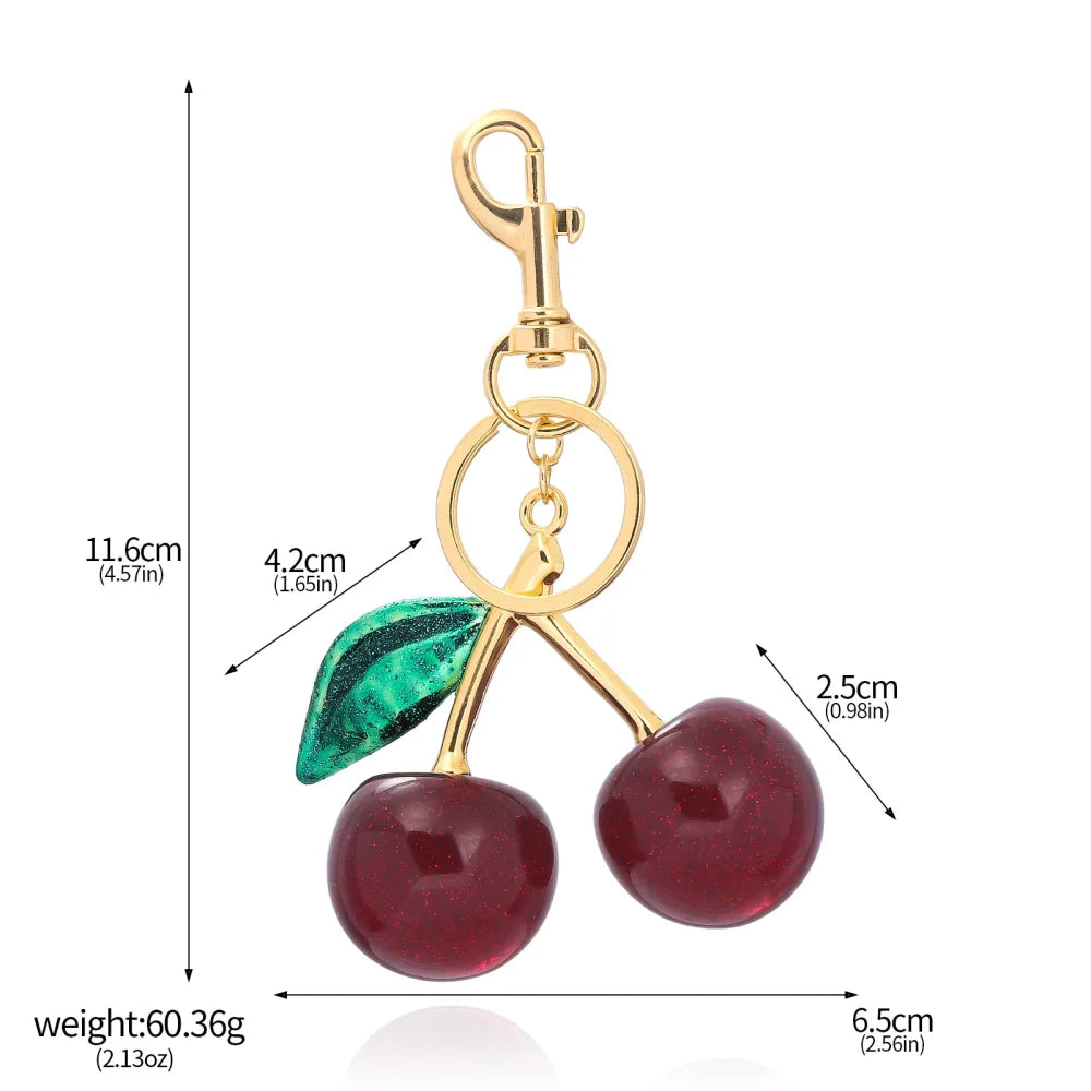 Porte-Clés Cerise Rouge avec Fermoir de Homard et Feuille d'Or – Accessoire Élégant pour Sacs et Clés