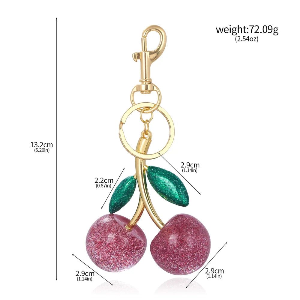 Porte-Clés Cerise Rouge avec Fermoir de Homard et Feuille d'Or – Accessoire Élégant pour Sacs et Clés