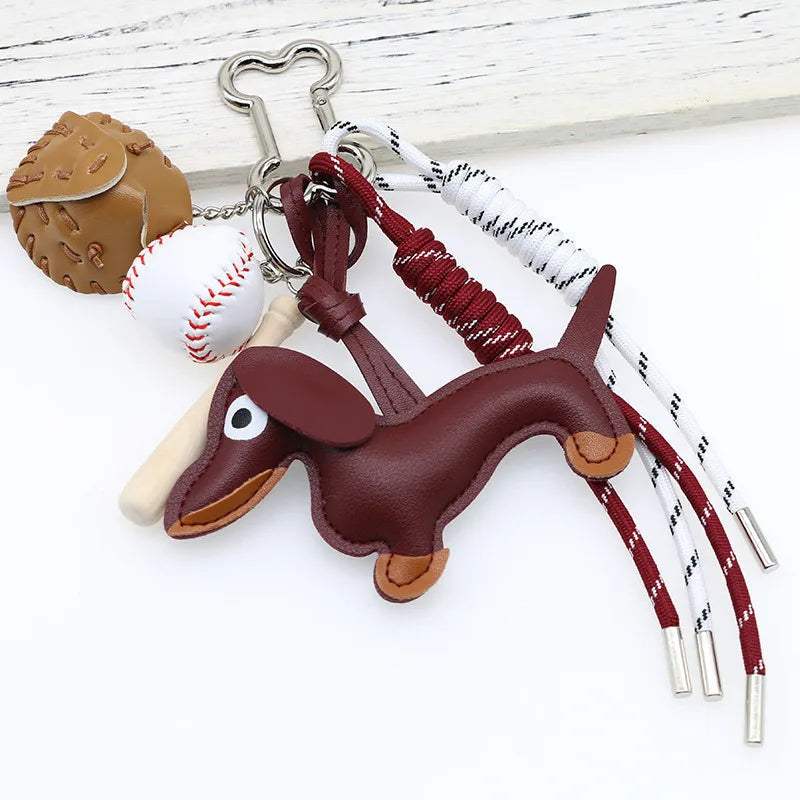 Porte-clés en Cuir PU avec Pendentif Teckel et Baseball – Accessoire Décoratif pour Sac et Clés