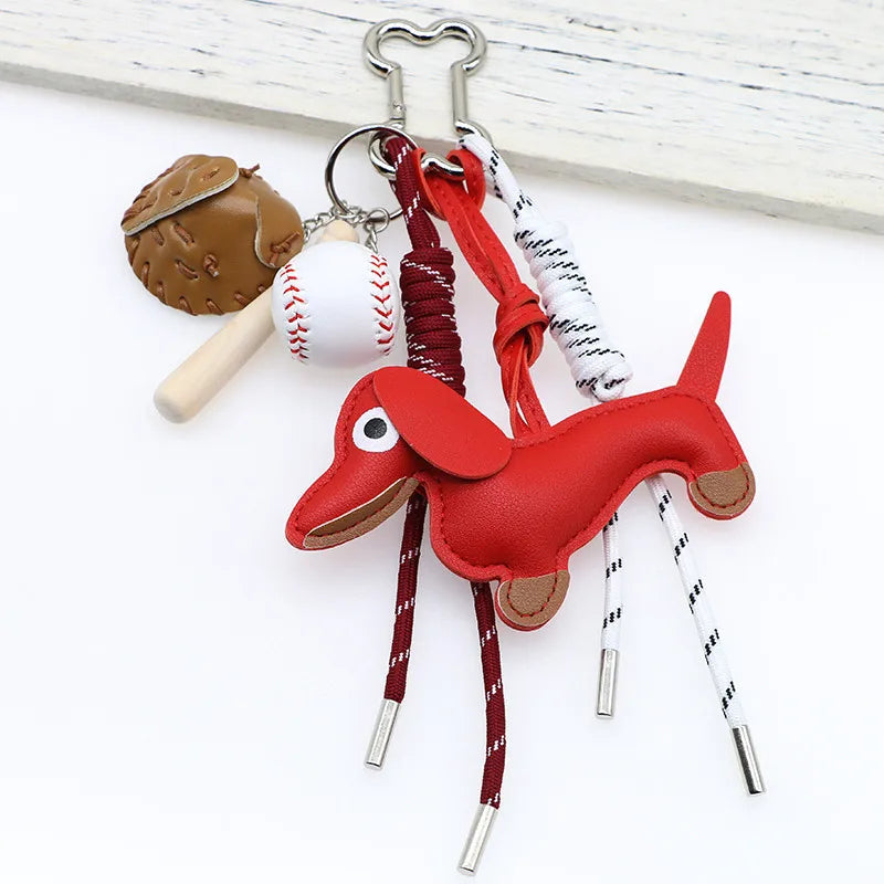 Porte-clés en Cuir PU avec Pendentif Teckel et Baseball – Accessoire Décoratif pour Sac et Clés