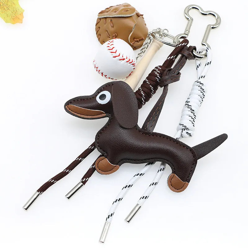 Porte-clés en Cuir PU avec Pendentif Teckel et Baseball – Accessoire Décoratif pour Sac et Clés