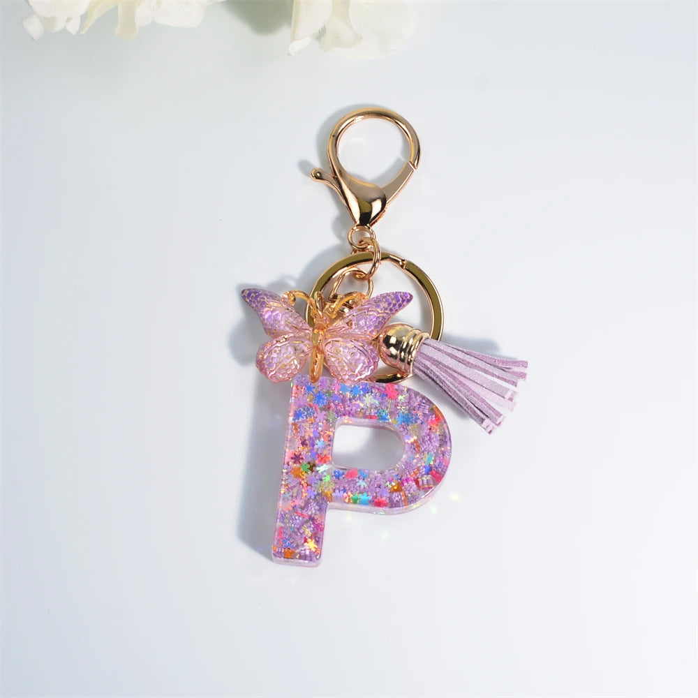 Porte Clés Personnalisé à Paillettes avec Charme Papillon et Gland – Accessoire Coloré pour Clés et Sacs