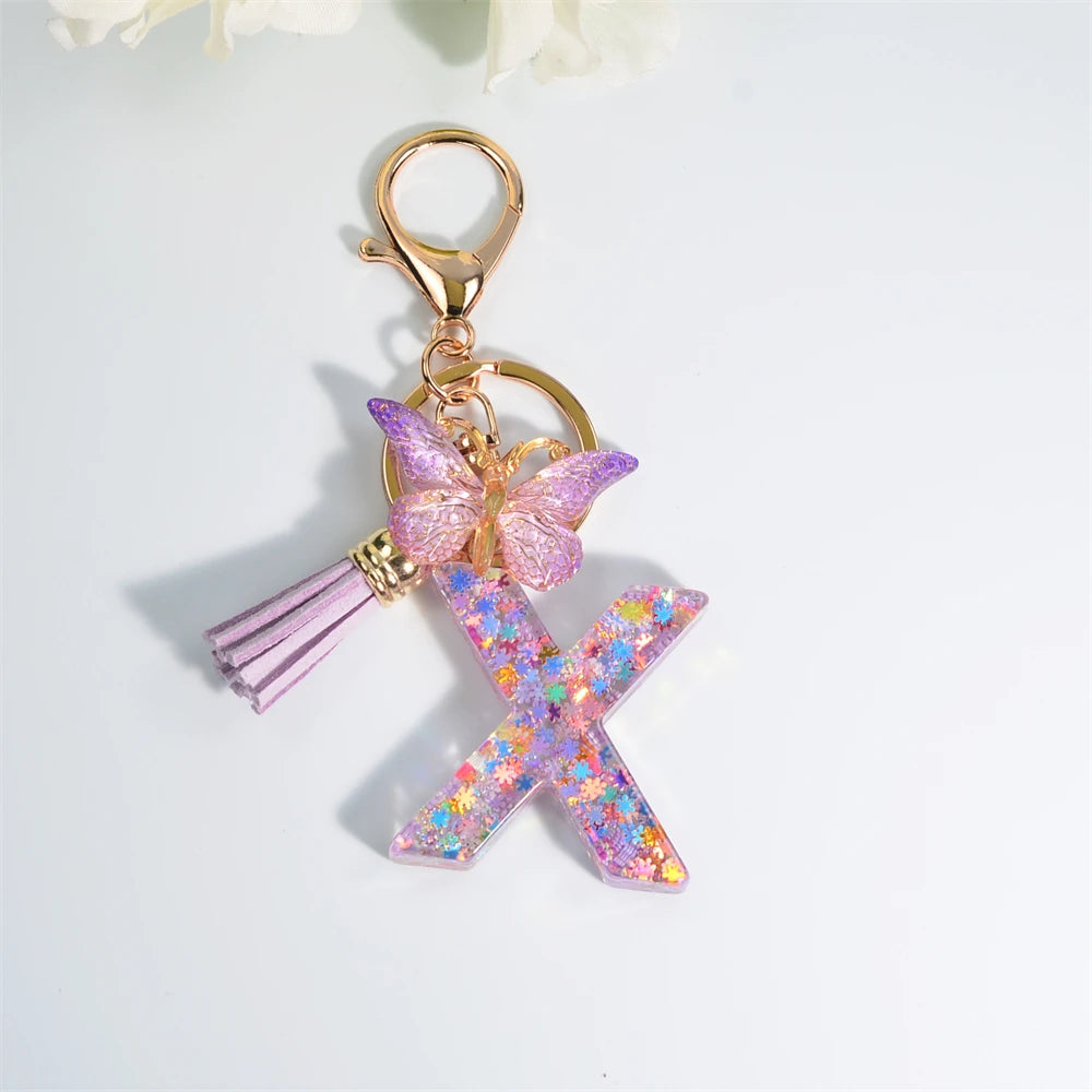 Porte Clés Personnalisé à Paillettes avec Charme Papillon et Gland – Accessoire Coloré pour Clés et Sacs