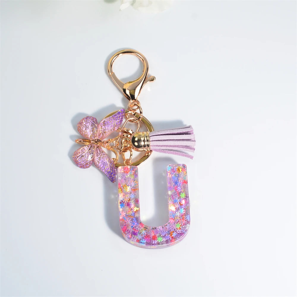 Porte Clés Personnalisé à Paillettes avec Charme Papillon et Gland – Accessoire Coloré pour Clés et Sacs